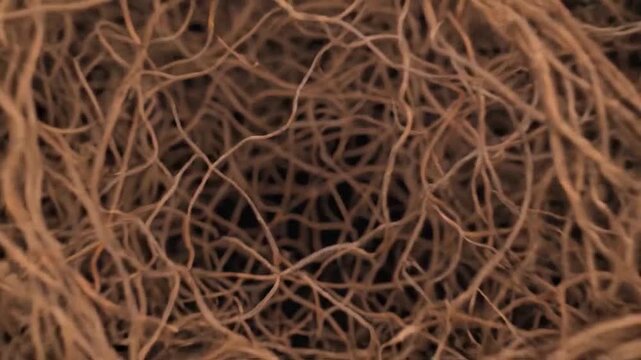 Close-up view of tangled fibrous organic material against a dark background