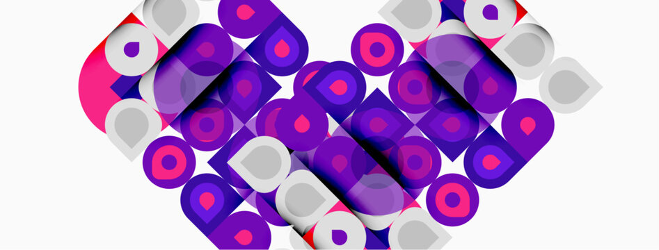 Abstract heart shape composed from colorful overlapping rounded rectangles. Pink, purple, white hues create modern design. Simple, vibrant.