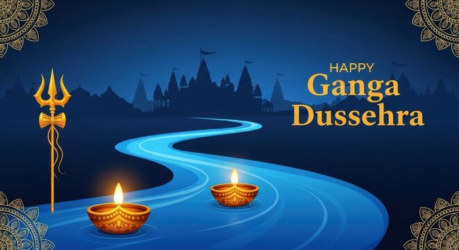 Vibrant Ganga Dussehra celebration with lit diyas and trident