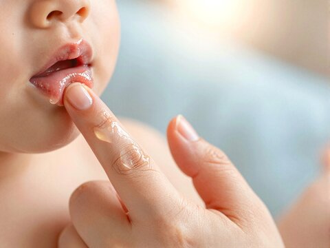 Adult Hand Applying Petroleum Jelly to Baby's Chapped Lips