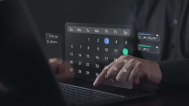 Professional using a digital calendar and To-Do list on a transparent virtual dashboard to plan projects, manage tasks, schedule meetings, and optimize time management on a modern laptop computer.