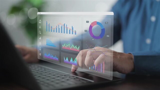 Business financial data and marketing analyst analyzing a digital dashboard for performance metrics, KPI monitoring, and business intelligence visualization to support strategic decision making.