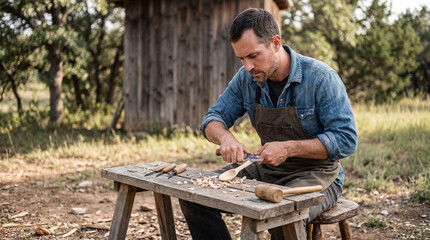 Fototapeta premium Skilled hands meticulously sculpt wood, bringing a rustic spoon to life in a serene outdoor setting, bathed in gentle light
