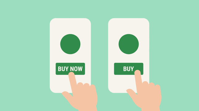 Two hands tapping on mobile phone screens with 'BUY NOW' and 'BUY' buttons, illustrating online shopping and e-commerce concepts.