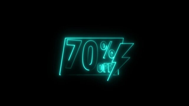 Blue neon 70 percent sale sign with percentage symbol and lightning bolt glowing in dark background for retail discount promotion advertising.