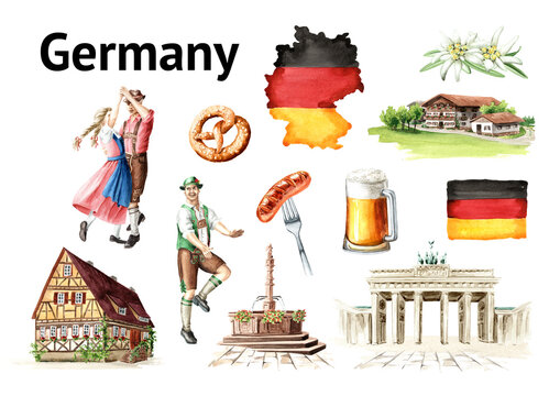 Travel to Germany, symbols set. Hand  drawn watercolor illustration isolated on white background