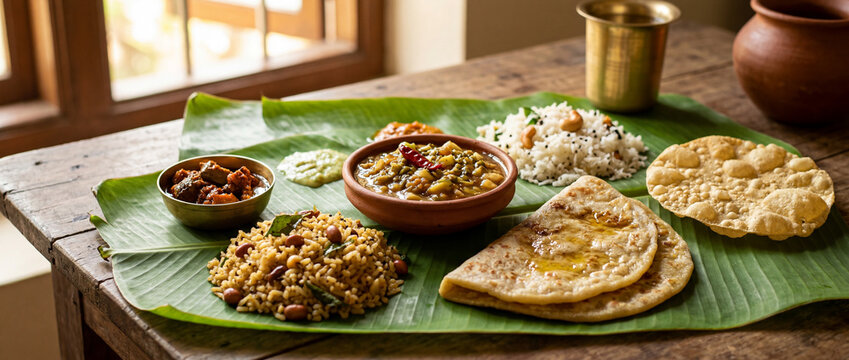 Rustic Indian culinary artistry unfolds on a broad banana leaf, presenting a vibrant array of spiced dishes for a hearty daytime repast