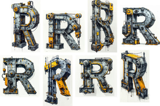 Industrial mechanical letter R concept set isolated on white background