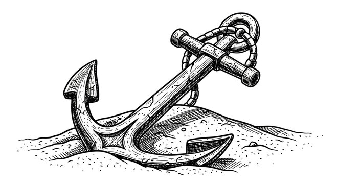 Vintage Hand-Drawn Anchor Resting on Sandy Seafloor.
