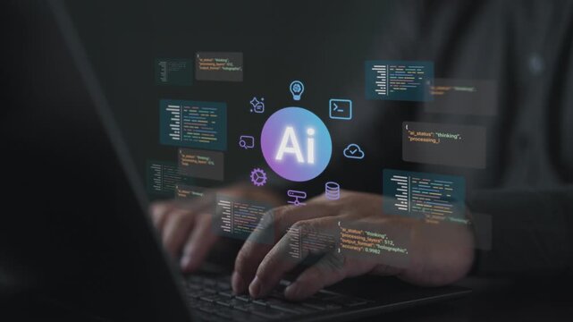Developer or programmer using AI artificial intelligence and machine learning to write software code on laptop. Concept of digital transformation, neural networks and automated programming technology.