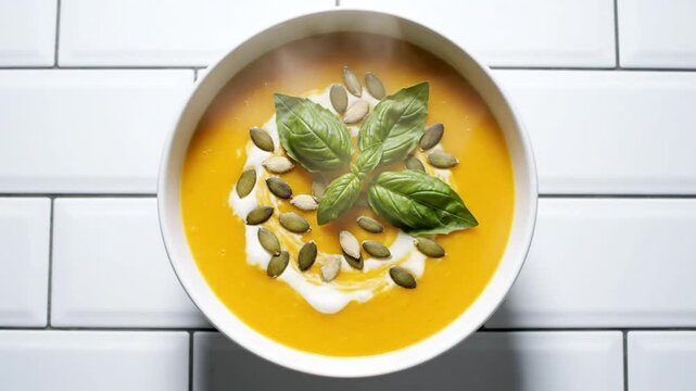 Delicious steaming butternut squash soup in white bowl with fresh basil and pumpkin seeds presented on white tile