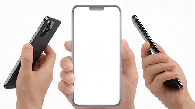 Hands holding modern smartphones with blank screens for customization