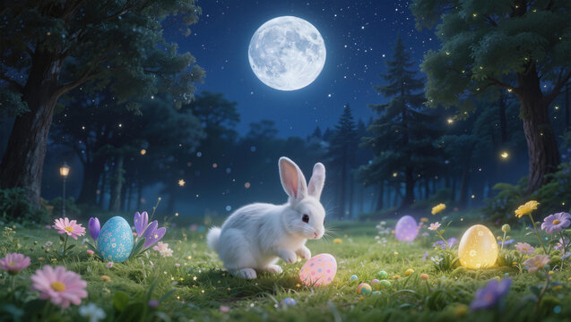 bunny easter in the moonlight at forest