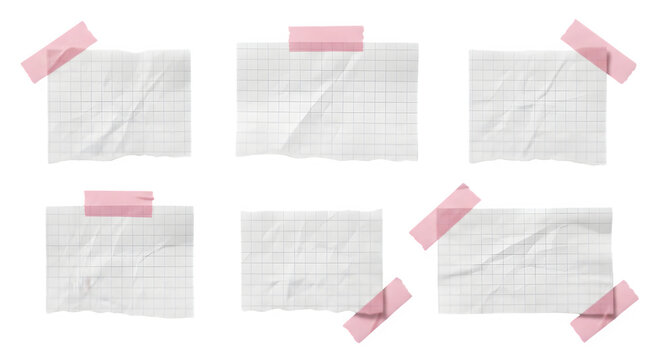 Crumpled paper scraps with pink washi tape, 6 pieces of torn grid paper collection, wrinkled notebook page fragments for scrapbooking and moodboards isolated PNG with Transparent Background