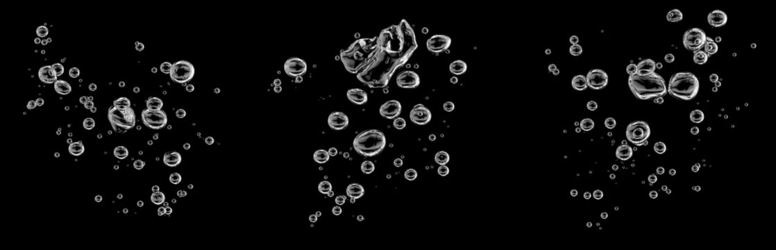 set water bubble white oxygen air isolated on a black background. underwater clear liquid with bubbles flowing up to the water surface. drop air in water