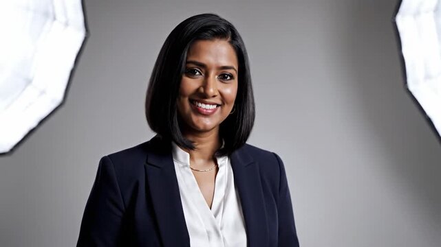 South asian woman business portrait studio confident consultant in navy blazer and white blouse, softbox lights visible, neutral grey background, warm smile, direct eye contact, interviewstyle