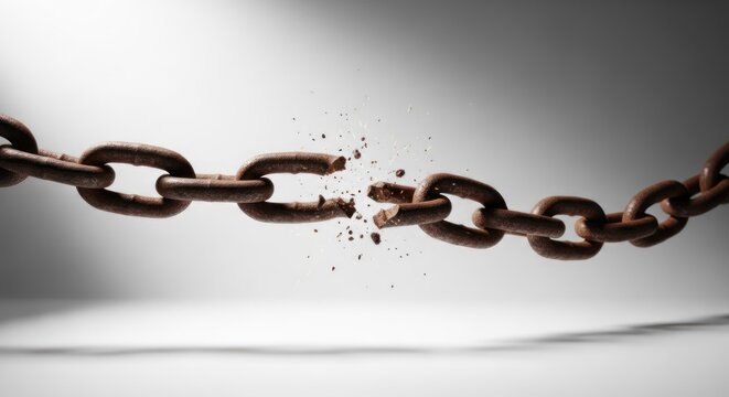 A broken chain with debris flying apart, set against a neutral gray background. The chain is metallic and rusted, with a dramatic explosion effect emphasizing the breaking point.