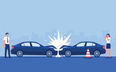 Fototapeta premium Dark blue cars collided head on with people witnessing the accident scene