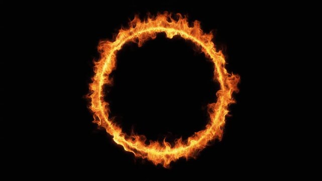Dynamic circle of vibrant orange and yellow flames illuminating a dark background, representing potent energy, mystical power, and a captivating visual effect for creative projects