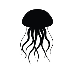 Black and white jellyfish long tentacles floating in ocean silhouette vector illustration, jellyfish silhouette vector illustration © MdShahriar
