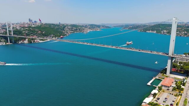 Istanbul, Turkey. Famous tourist destination 15 July Martyrs Bridge aerial travel view over Bosphorus strait summer day. Aerial View