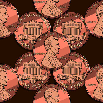 One cent coins on a dark brown background. Infinite pattern, abstract background, seamless pattern. Ideal for fabric, wallpaper, wrapping paper, or digital backgrounds.