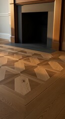Naklejka premium Parquet flooring pattern showcased in living room fireplace setting