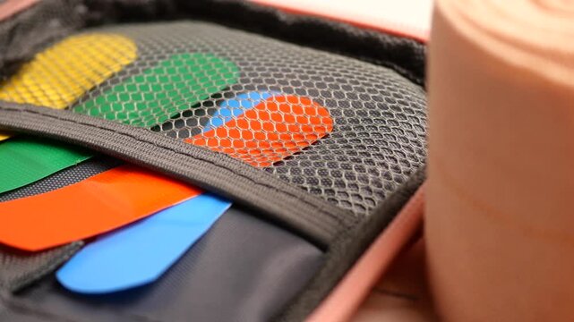 Close-up shot of colorful markers in a mesh pocket inside an open pencil case next to a roll of tape.