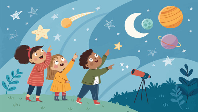 Three children pointing at stars planets and moon in a night sky with a telescope