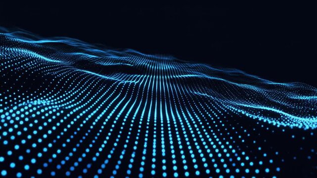 A glowing wave of blue digital dots undulates across a dark grid, symbolizing data flow, connectivity, and the futuristic rhythm of information networks.
