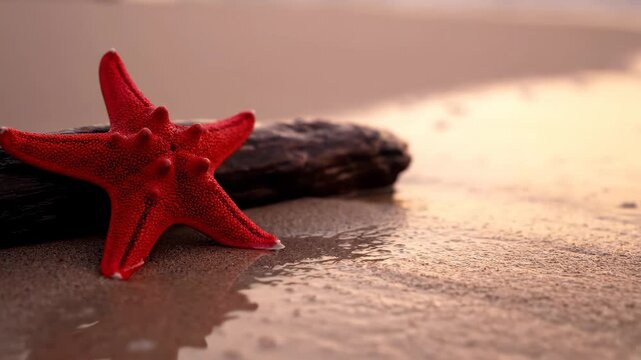 Vibrant Red Starfish on Sandy Beach at Golden Sunset with Gentle Waves