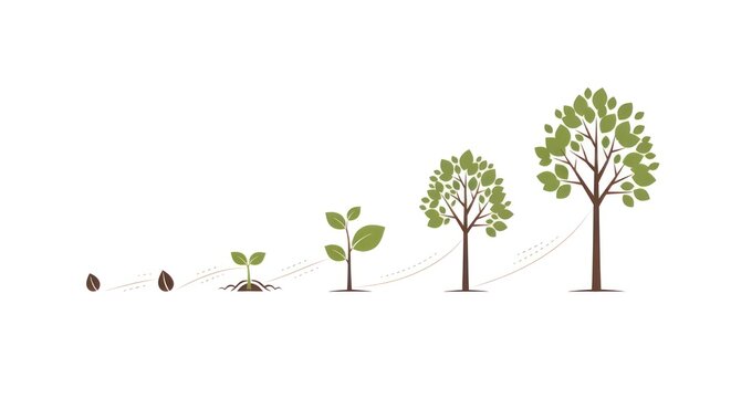 A sequence of trees growing from a seed, illustrating the stages of plant development from a sprout to a mature tree. The background is plain white, emphasizing the growth process.