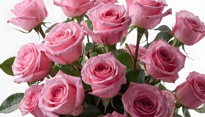 Naklejka premium Soft pink roses bouquet in natural light with fresh green leaves for romantic occasions