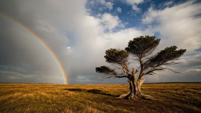 Lone tree with rainbow in cloudy sky in warm golden lighting in natural landscape format for travel brochure