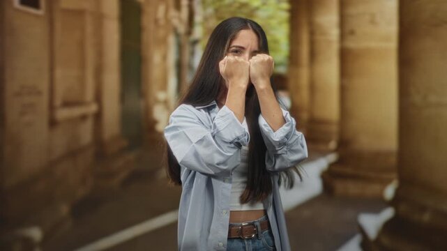 Woman with fists raised covering her face in a building colonnade walkway, hands tense and protective; anxiety resilience guarded determination.