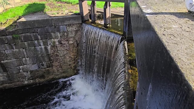 Locked-down video of the Grand Canal Lock, canal flowing closeup and wide.