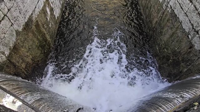 Locked-down video of the Grand Canal Lock, canal flowing closeup.