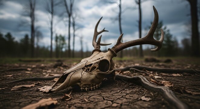 A weathered deer skull resting on the cracked dry earth of a gloomy and desolate forest landscape.