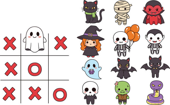 Halloween vector collection featuring cute cartoon monsters like vampire mummy witch and ghost with a tic tac toe game board for kids activity.
