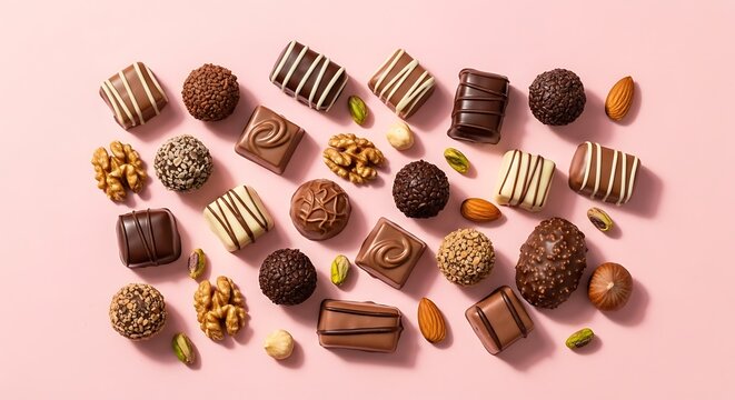 A top down view of assorted gourmet chocolate pralines mixed with various raw nuts on pink background