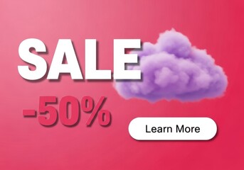 Fototapeta premium A vibrant digital sale promotional banner featuring a purple cloud and a fifty percent discount sign