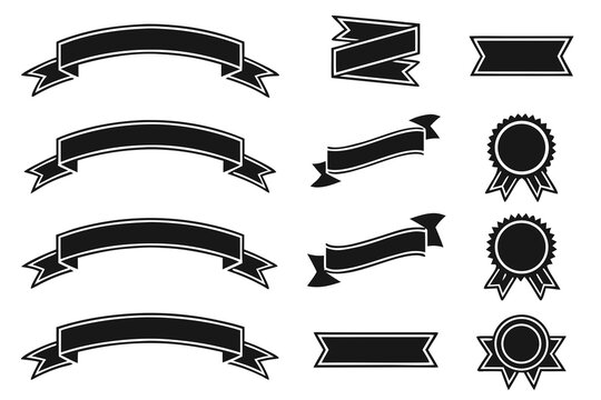 Black ribbon banners and rosette badges vector set