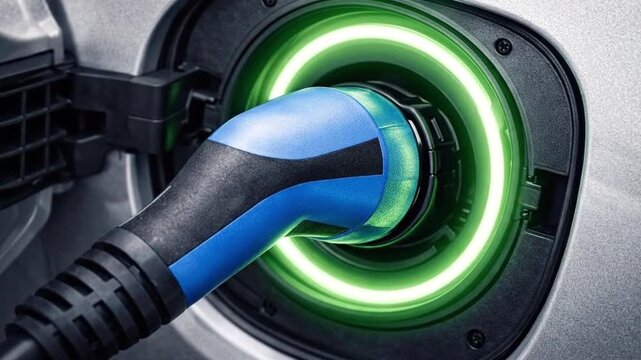 Electric car charging plug connected to vehicle port, modern transport technology, clean energy, sustainability concept.