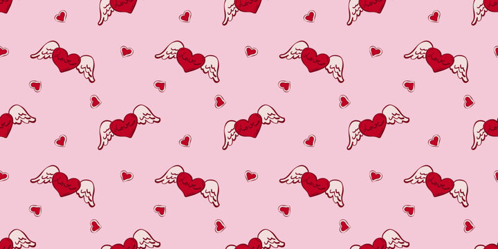 Abstract seamless pattern with tiny red hearts with wings. Vector illustration for Valentine's Day, baby shower, birthday, wedding print.