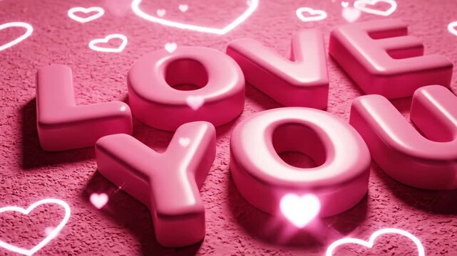 Glowing pink 3D 'LOVE YOU' letters with hearts on textured background, a romantic and affectionate message
