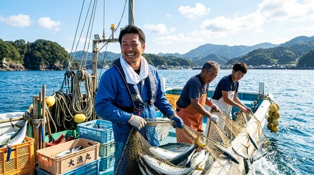 A fisherman fishing from a fishing boat at sea.