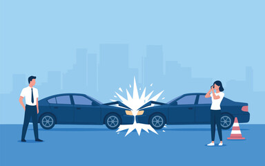 Fototapeta premium Two dark blue cars collided head on with a man and woman observing the crash scene