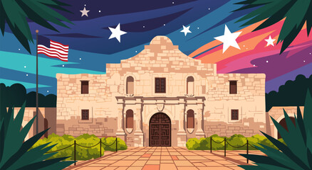 The Alamo Mission in San Antonio, Texas A Vibrant Vector Illustration Celebrating History Under a Starry Sky