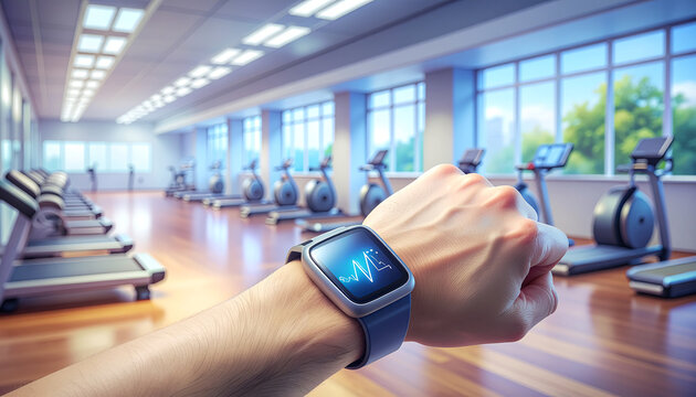 A person wearing a smartwatch exercising in a gym with many treadmills