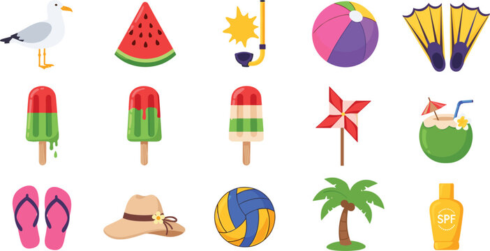Collection of summer beach vector icons including seagull watermelon popsicles ball snorkel coconut palm and tropical elements set